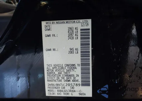 2020 Nissan Altima S Fwd z USA, uszkodzony, nr VIN 1N4BL4BV7LC205789